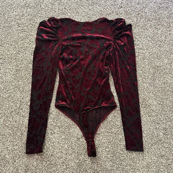 Free People Intimately black & red velvet mesh long sleeve bodysuit size XS - Picture 5 of 11